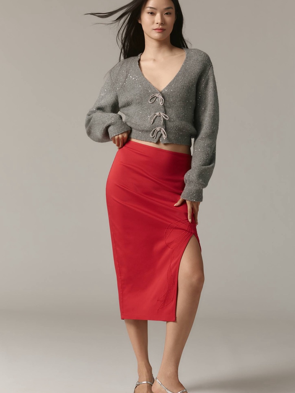 Maeve Red Bow Midi Pencil Skirt